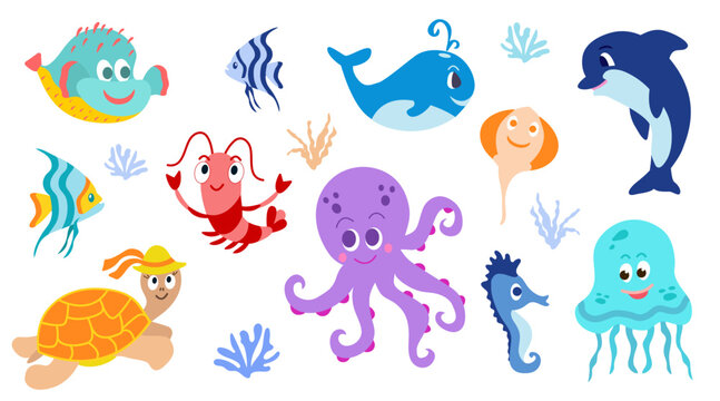Set of sea characters elements such as octopus, sea turtle, jellyfish, dolphin, whale, seahorse, fish, shrimp, sea ray. Vector hand drawn doodle illustration isolated on white background.
