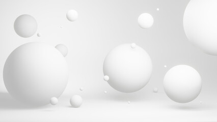 Clean and peaceful background of perfect 3D spheres floating in the air in soft and white colors