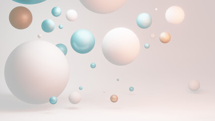 Clean and peaceful background of perfect metallic 3D spheres floating in the air in soft and pastel colors