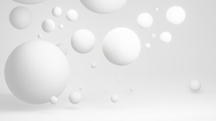 Clean and peaceful background of perfect 3D spheres floating in the air in soft and white colors