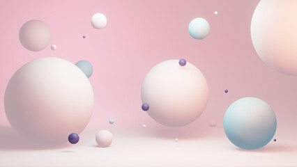 Clean and peaceful background of perfect 3D spheres floating in the air in soft and pastel colors