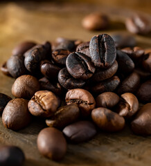 Macro roasted coffee beans, rustic