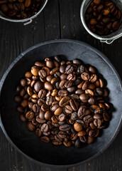 Roasted coffee beans in a wooden bowl, rustic background
