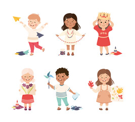 Cute Little Kids Making Crafts Enjoy Creative Hobby Vector Set