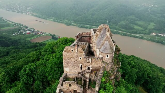 Aerial view of Aggstein Castle - Austria Aggstein sits high above the Danube, with a fantastic view of the World Cultural Heritage site of Wachau.