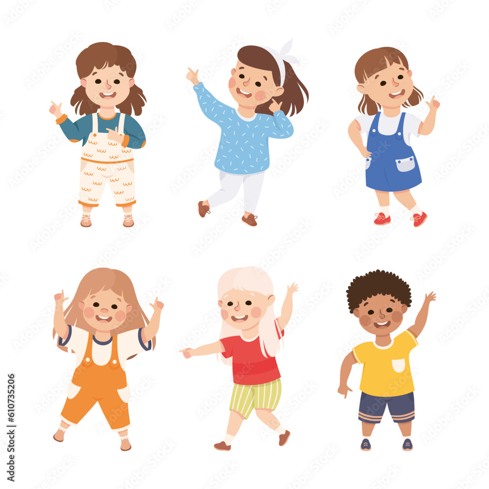 Poster funny kids pointing at something with extending hand and index finger vector set