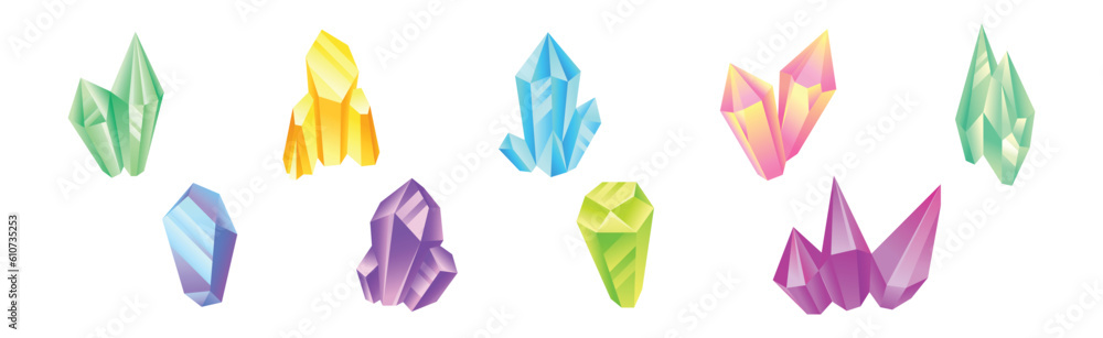 Poster crystal gems and minerals with glossy surface vector set