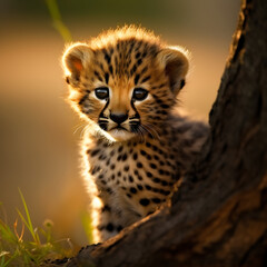 Endearing Connection: Witness the heartwarming sight of a baby cheetah leaning on a tree, radiating innocence and vulnerability. Experience the captivating bond between nature's young and their surrou