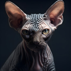 Fototapeta na wymiar Immerse yourself in the dramatic portrait of a Sphynx cat kitten, capturing its otherworldly beauty and enchanting presence. Witness the captivating allure of this majestic feline.