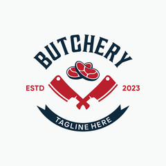 Fototapeta premium crossed cleaver knife and meat for vintage retro butcher shop label, emblem, badge logo design