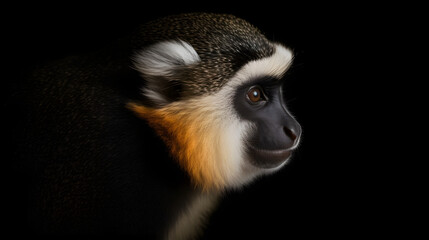 Intense and mesmerizing: A white-faced monkey commands attention in a dramatic wildlife portrait. Against a deep black backdrop, its captivating beauty captivates.