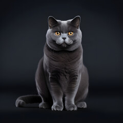 A British Shorthair cat commands attention against a black background, its beauty and allure captured in this high-quality photo. Experience the captivating essence of this enigmatic feline.