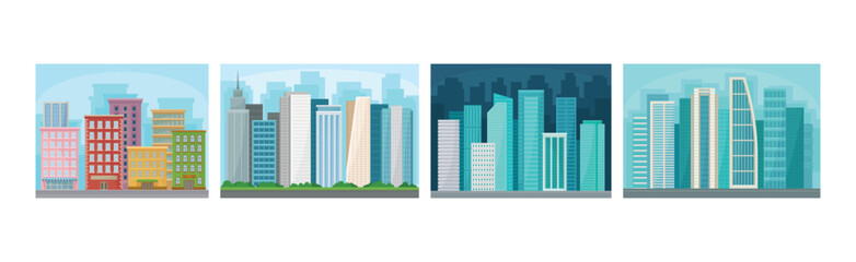 Day and Night Cityscape with Buildings and Urban View Vector Set