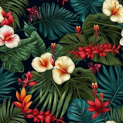 Seamless Tropical Pattern with Frangipani and dark background, Generated in AI