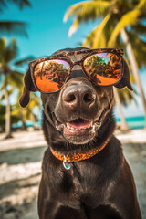 Happy dog with big sunglasses on vacation