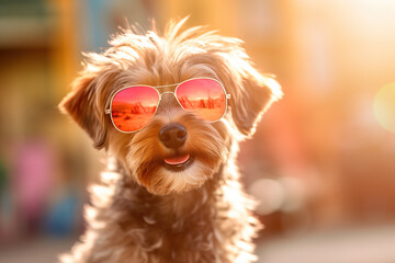 Happy dog wearing big sunglasses on vacation
