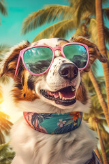 Happy dog with big sunglasses on vacation