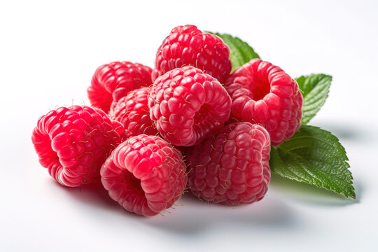 Raspberries on a white studio background generative ai