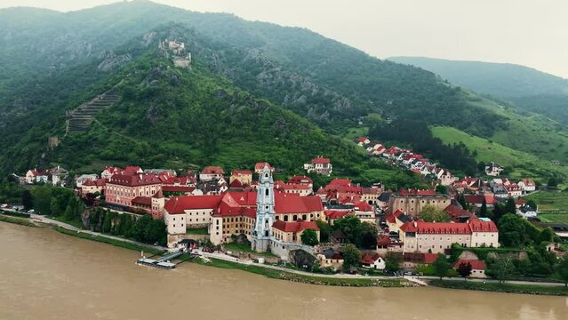 Aerial panorama view of Durnstein town and vineyards. Wachau valley, Austria. 
