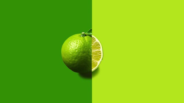 Stop motion Cut and whole Lime appear and disappear on pastel background. High quality video 4K. Detailed stop motion video. Background or wallpaper in food and drinks videos.
