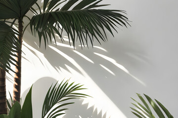 Soft tropical palm tree shadow, sunlight on creamy white wall with texture for interior design, natural pattern, photo realistic, clear focus, generative ai, generative, ai