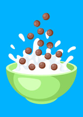 Breakfast cereal falls into bowl. Image of healthy food.