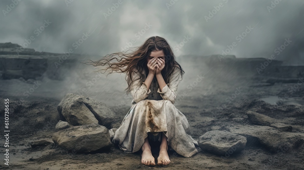 Wall mural illustration idea for children rights support, lonely girl sitting in dirt ground with sorrow sad expression, Generative Ai