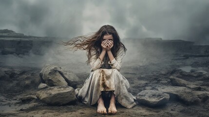 illustration idea for children rights support, lonely girl sitting in dirt ground with sorrow sad expression, Generative Ai - obrazy, fototapety, plakaty