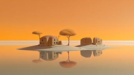 Fototapeta na wymiar minimal surreal art illustration, mud house village with shadow reflected on water surface, Generative Ai