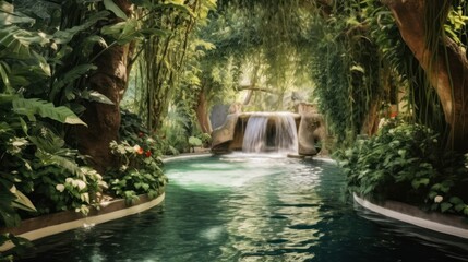 Naklejka premium Hidden oasis surrounded by lush vegetation, with a majestic waterfall cascading into a clear pool, creating a refreshing and tranquil atmosphere