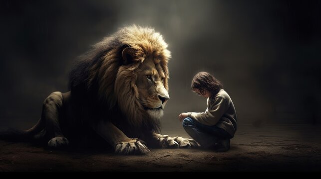 lion looking at sad boy sitting in dirt dungeon, idea for self-encouragement or self-support, Generative Ai