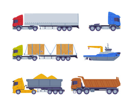 Cargo Transport with Truck and Ship as Freight Delivery Logistics Service Vector Illustration Set