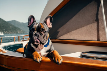 Digital photo of a cute French bulldog  at the helm of a luxury yacht on a sunny day. Wildlife imagery, the concept of ecological environment. Generative AI