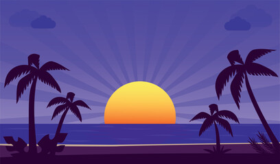 Sunset on the beach with palms. Vector illustration.