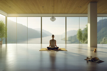 Woman mediating in yoga studio with beautiful nature view