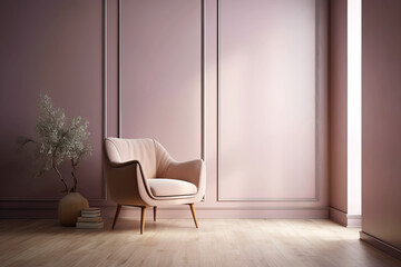 Delicate pink armchair in a modern classic interior. Generative AI illustration