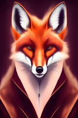 Obraz premium Portrait of a red fox on a dark background. The head of a beautiful forest animal. A clever look of a dodgy fox, a skilled predator and an elegant animal, generative ai