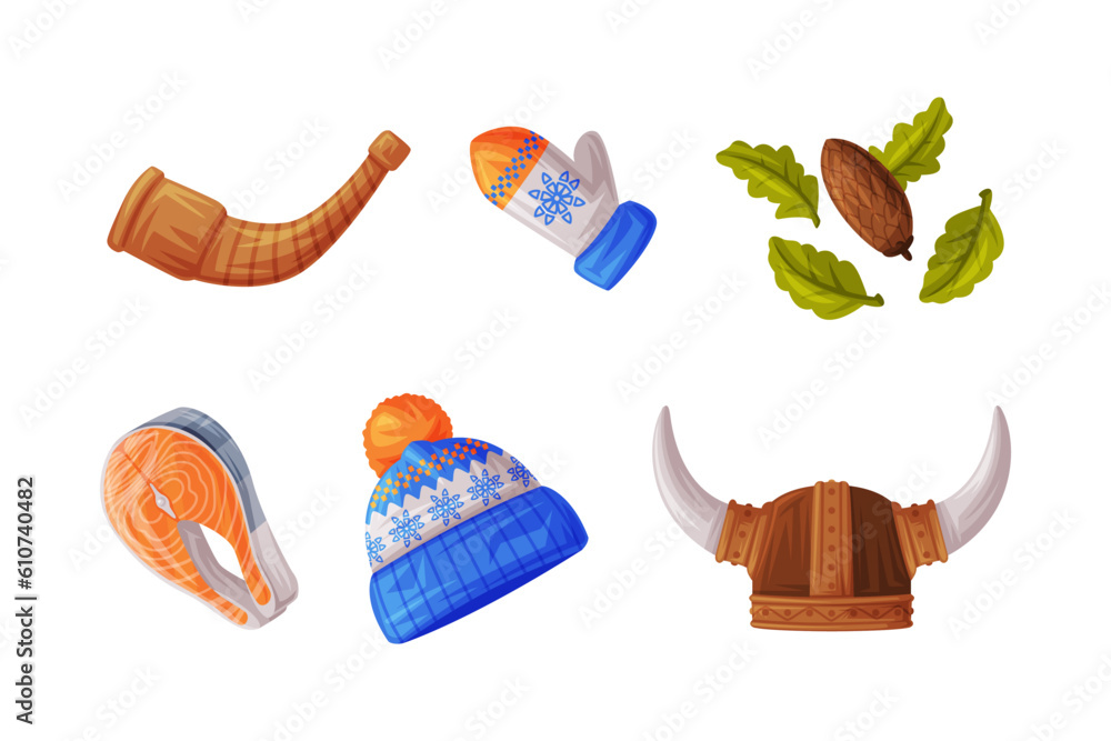 Poster Finland Country Symbol with Horn, Mitten, Hat, Cone, Viking Helmet and Salmon Steak Vector Illustration Set