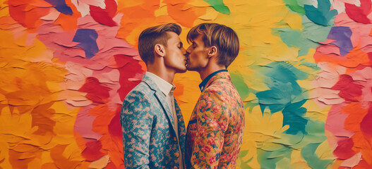 Ayoung homosexual couple kissing each other with a colorful painted wall as background. Image generative AI.