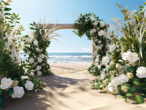 Beautiful wedding arch with white flowers on a beach, ai generated