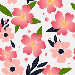 Wild rose in a seamless pattern. Rosehip flowers are soft pink on a light gray background. Vector.