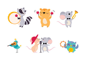 Funny Animal Character Playing Musical Instrument Performing Concert Vector Illustration Set