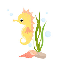 Small seahorse among bubbles and algae. Sea animal in a flat style on a white background.