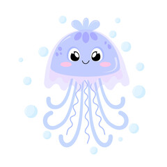 Cute cartoon jellyfish. Sea jellyfish vector illustration isolated on white background.