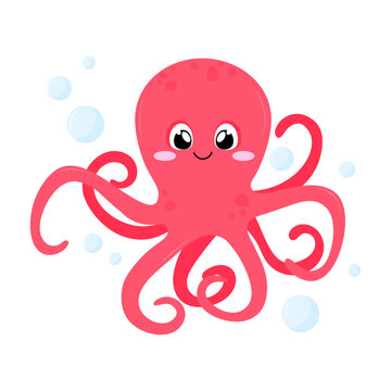 Octopus. Cute cartoon octopus in bubbles. Illustration of an octopus in a flat style on a white background.