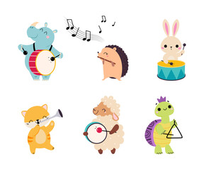 Funny Animal Character Playing Musical Instrument Performing Concert Vector Illustration Set