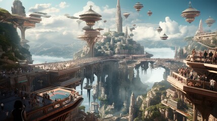 Fototapeta premium Wonderful city suspended in the sky, with intricate architecture, floating platforms, and breathtaking vistas