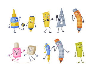 Funny School and Office Supply Humanized Character Vector Illustration Set