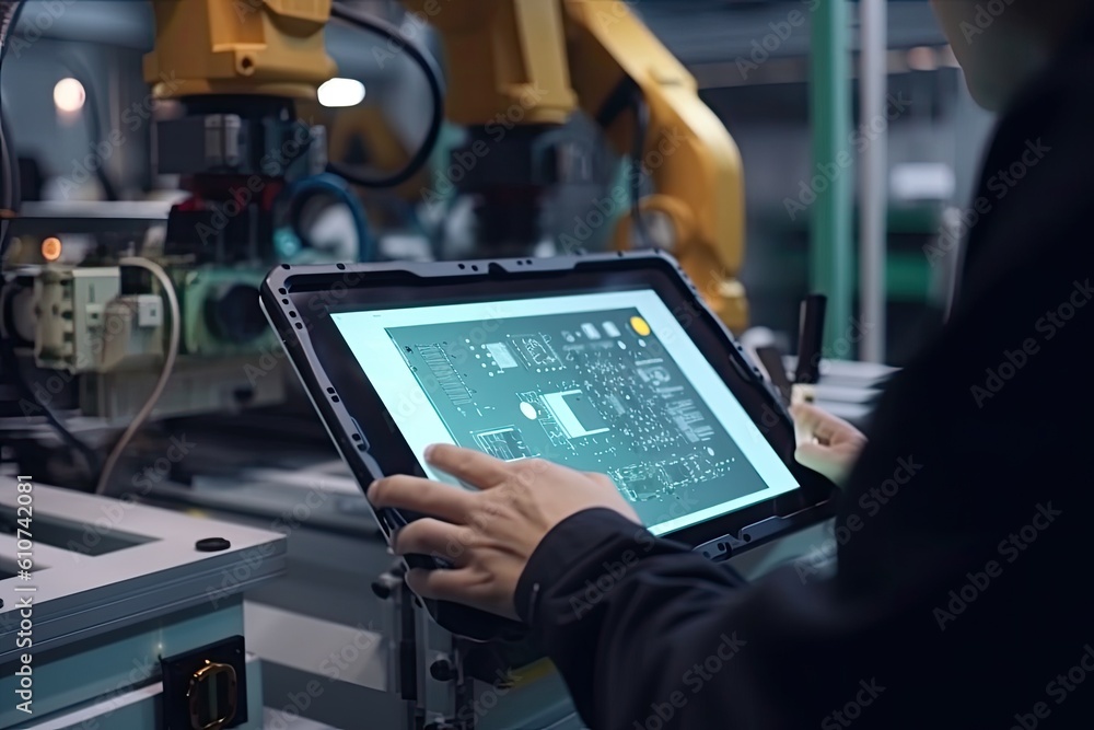 Poster smart industry robot arms and factory workers working with automated manufacturing technology. autom