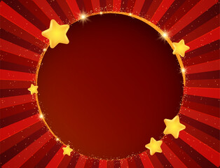 Abstract vector illustration background with shining beams of light, stars and round sparkle golden banner